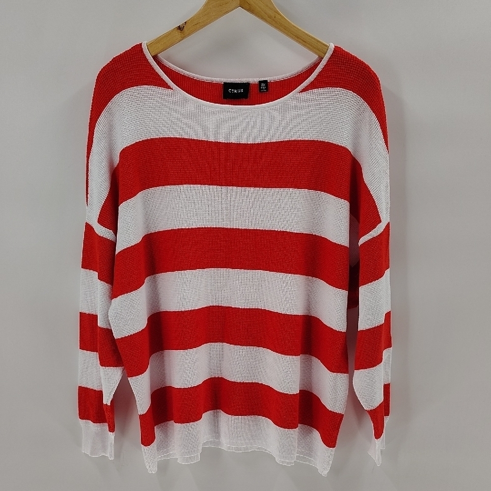 Cyrus Womens Knit Sweater 2X Red White Stripe Pullover Long Sleeve